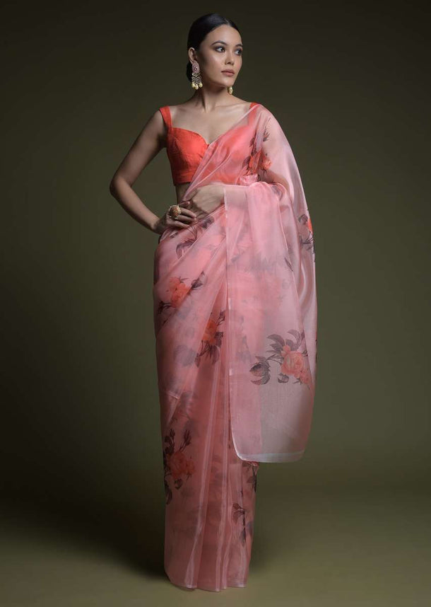 Coral Peach Saree In Organza With Printed Rose Flowers And Unstitched Blouse Online - Kalki Fashion