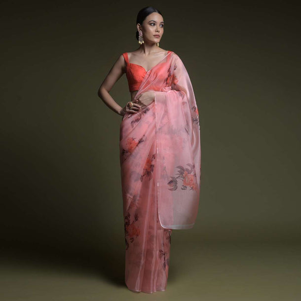 Coral Peach Saree In Organza With Printed Rose Flowers And Unstitched Blouse Online - Kalki Fashion