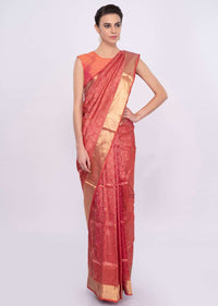 Coral pink banarasi brocade saree only on Kalki