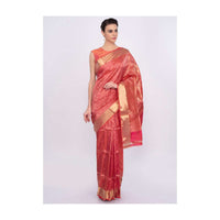 Coral pink banarasi brocade saree only on Kalki