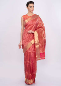 Coral pink banarasi brocade saree only on Kalki