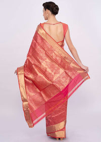 Coral pink banarasi brocade saree only on Kalki