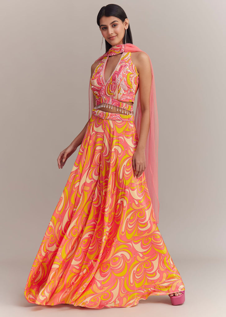 Coral Pink Crepe Abstract Printed Embroidered Lehenga Set