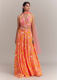 Coral Pink Crepe Abstract Printed Embroidered Lehenga Set