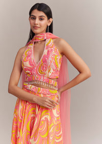 Coral Pink Crepe Abstract Printed Embroidered Lehenga Set