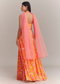 Coral Pink Crepe Abstract Printed Embroidered Lehenga Set