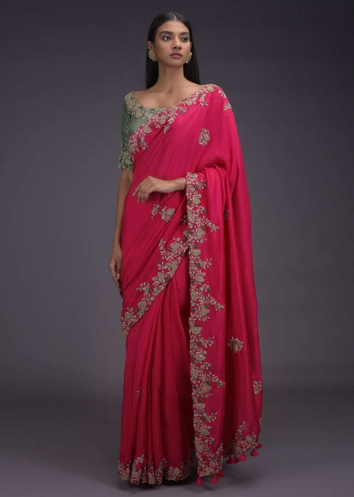 Coral Pink Saree With Zardozi Embroidered Buttis And Contrasting Sage Green Blouse Online - Kalki Fashion