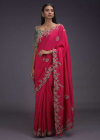 Coral Pink Saree With Zardozi Embroidered Buttis And Contrasting Sage Green Blouse Online - Kalki Fashion