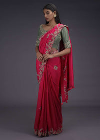 Coral Pink Saree With Zardozi Embroidered Buttis And Contrasting Sage Green Blouse Online - Kalki Fashion