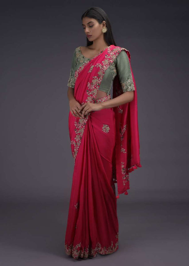 Coral Pink Saree With Zardozi Embroidered Buttis And Contrasting Sage Green Blouse Online - Kalki Fashion