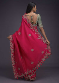 Coral Pink Saree With Zardozi Embroidered Buttis And Contrasting Sage Green Blouse Online - Kalki Fashion