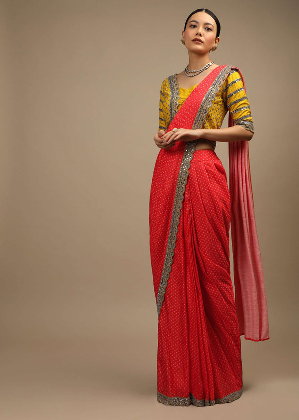 Coral Ready Pleated Saree In Satin With Bandhani Print And Mustard Choli Enhanced With Mirror Work