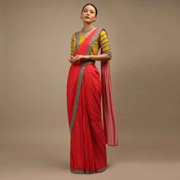 Coral Ready Pleated Saree In Satin With Bandhani Print And Mustard Choli Enhanced With Mirror Work