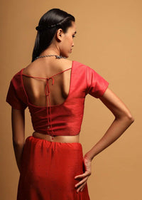 Coral Red Blouse In Raw Silk With Cap Sleeves And Front Hook Closure Online - Kalki Fashion