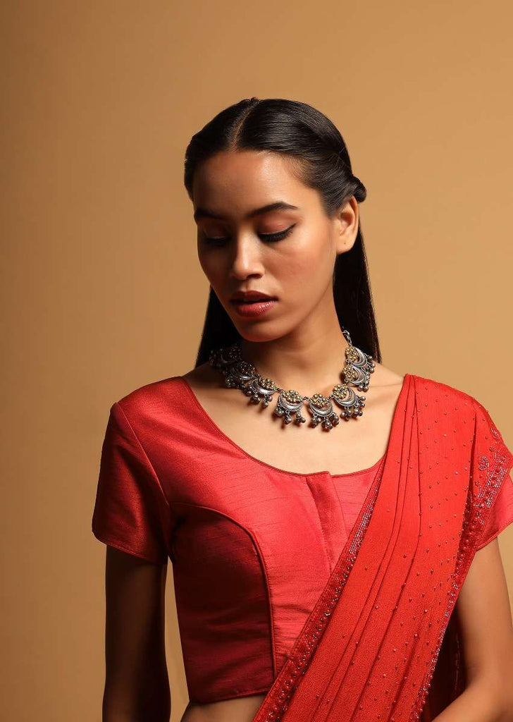 Coral Red Blouse In Raw Silk With Cap Sleeves And Front Hook Closure Online - Kalki Fashion