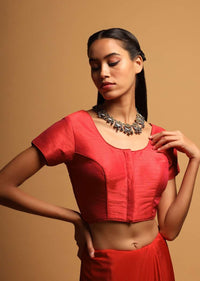 Coral Red Blouse In Raw Silk With Cap Sleeves And Front Hook Closure Online - Kalki Fashion