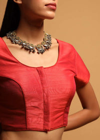 Coral Red Blouse In Raw Silk With Cap Sleeves And Front Hook Closure Online - Kalki Fashion