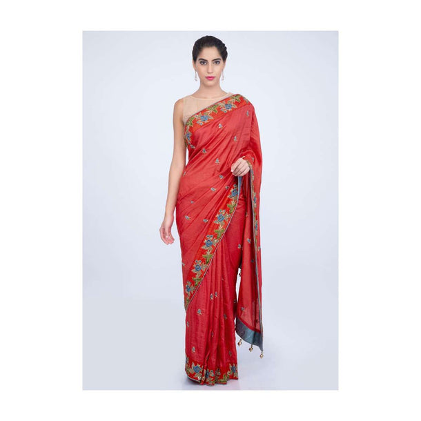 Coral red dupion silk saree with floral resham embroidered butti and border only on kalki