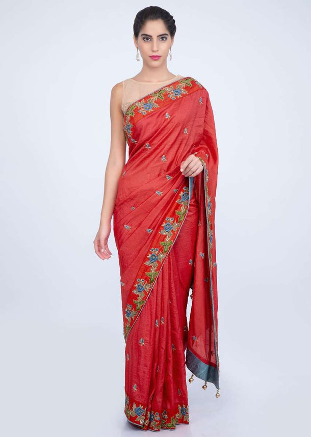 Coral red dupion silk saree with floral resham embroidered butti and border only on kalki