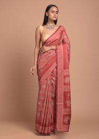 Coral Red Saree In Silk Blend With Paisley Jaal Print Online - Kalki Fashion