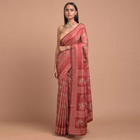 Coral Red Saree In Silk Blend With Paisley Jaal Print Online - Kalki Fashion