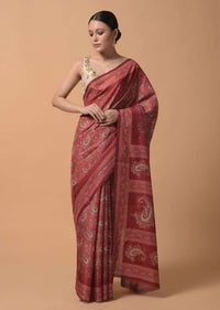 Coral Red Saree In Silk With Printed Paisley Jaal Online - Kalki Fashion