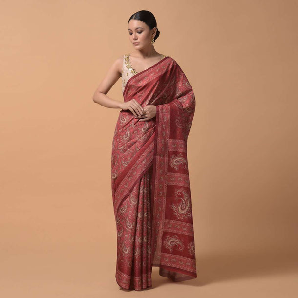 Coral Red Saree In Silk With Printed Paisley Jaal Online - Kalki Fashion