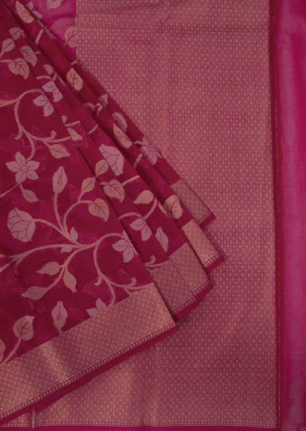 Coral red tussar silk saree with weaved work in floral motif