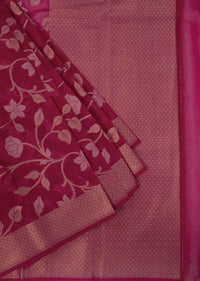 Coral red tussar silk saree with weaved work in floral motif only on Kalki