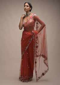 Coral Saree In Net With Resham Embroidered Flowers On The Border And Sequin Buttis