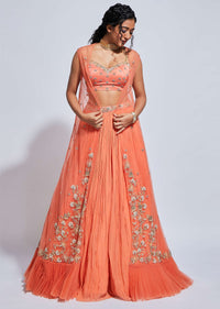 Coral Skirt And Crop Top Set With Floral Embroidered Jacket Having A Frill On The Hem Online - Kalki Fashion