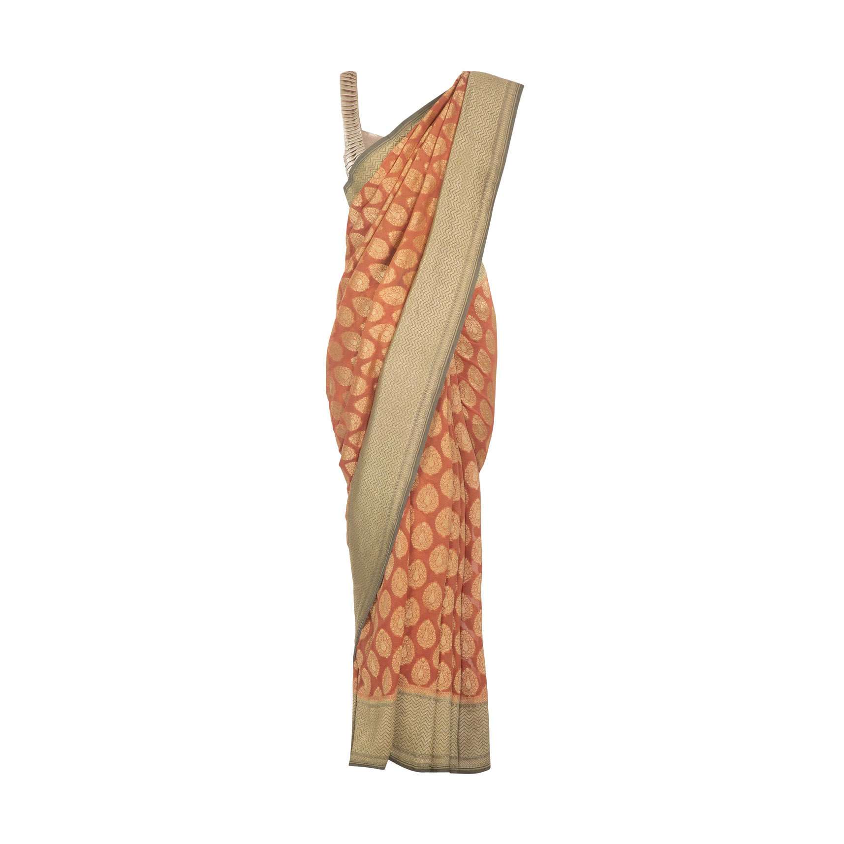 Coral weaved georgette saree in brocade pallo and border