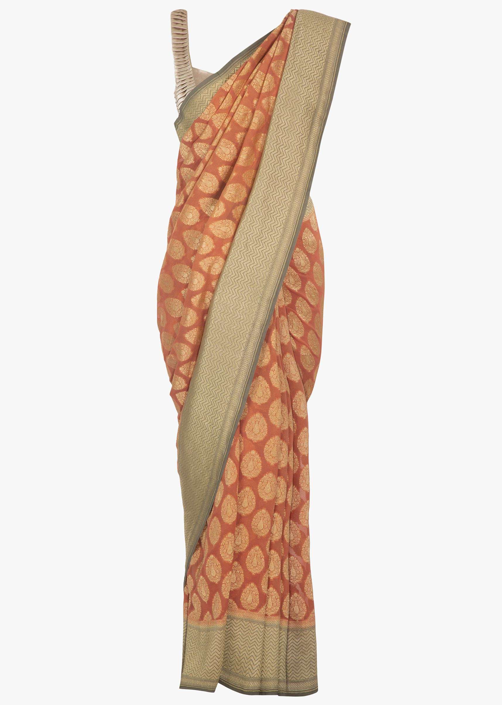 Coral weaved georgette saree in brocade pallo and border