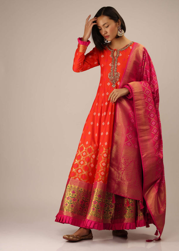 Coral Anarkali Suit In Brocade Silk With Woven Buttis And Zardosi Embroidery