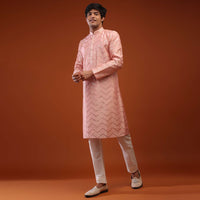 Coral Cloud Raw Silk Kurta Set With Sequins Embroidery, Placket In Zari, And Thread Work