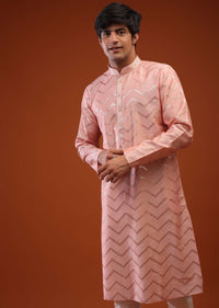 Coral Cloud Raw Silk Kurta Set With Sequins Embroidery, Placket In Zari, And Thread Work