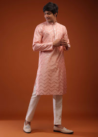 Coral Cloud Raw Silk Kurta Set With Sequins Embroidery, Placket In Zari, And Thread Work