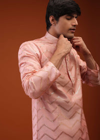 Coral Cloud Raw Silk Kurta Set With Sequins Embroidery, Placket In Zari, And Thread Work