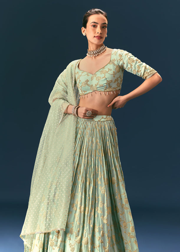 Coral Green Hand Embellished Lehenga Set In Organza Satin