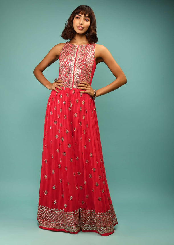 Coral Jumpsuit In Georgette With Sequins And Zari Embroidered Geometric Design And Floral Buttis