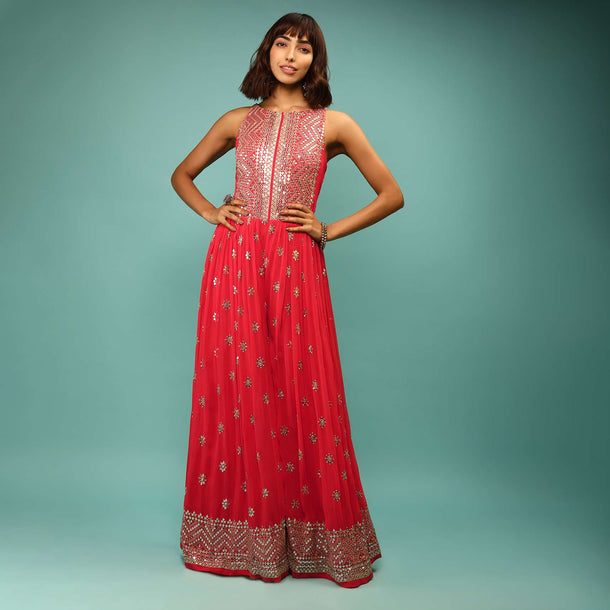 Coral Jumpsuit In Georgette With Sequins And Zari Embroidered Geometric Design And Floral Buttis