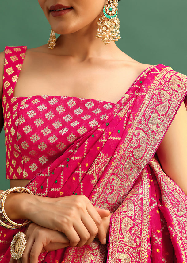 Coral Khaddi Georgette Saree With Zari Jaal Bandhani Weave And Unstitched Blouse