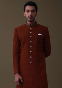 Coral Orange Embroidered Sherwani Set In Quilted Silk With Collar Detailing