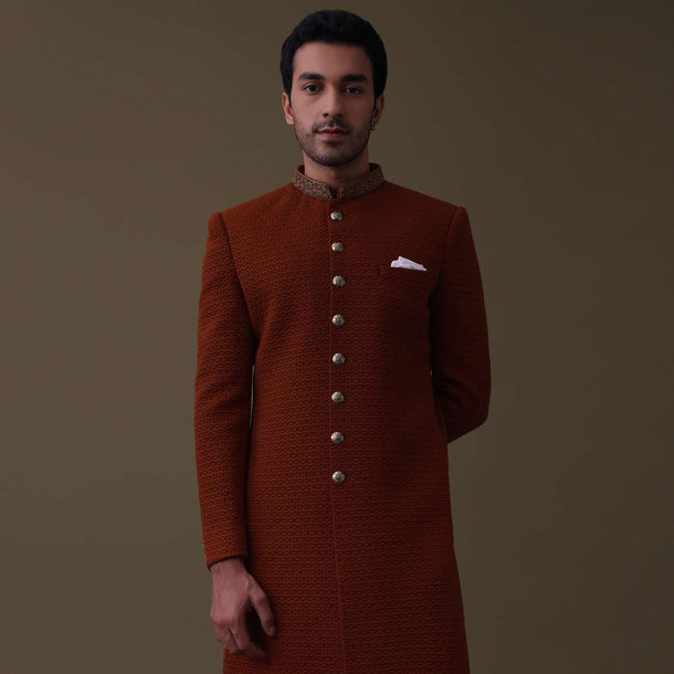 Coral Orange Embroidered Sherwani Set In Quilted Silk With Collar Detailing
