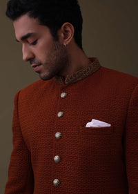 Coral Orange Embroidered Sherwani Set In Quilted Silk With Collar Detailing