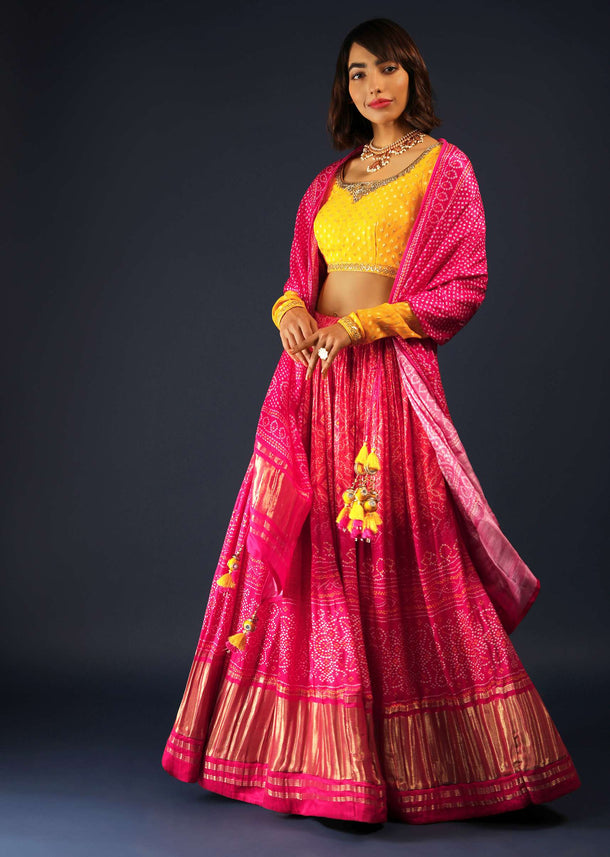 Coral Orange And Rani Pink Lehenga And Dupatta In Satin With Bandhani Print And Yellow Brocade Choli