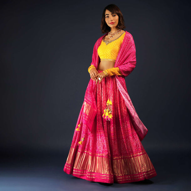 Coral Orange And Rani Pink Lehenga And Dupatta In Satin With Bandhani Print And Yellow Brocade Choli