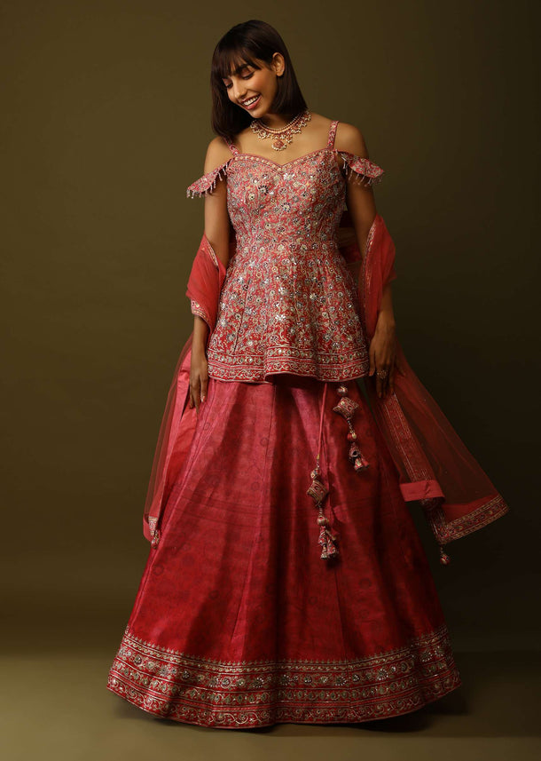 Coral Peach And Red Shaded Lehenga And Peplum Top With Floral Print, Mirror Work And Cold Shoulder Sleeves Online - Kalki Fashion