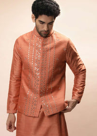 Coral Peach Nehru Jacket And Kurta Set With Resham And Mirror Embroidered Buttis And Stripe Design
