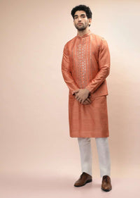 Coral Peach Nehru Jacket And Kurta Set With Resham And Mirror Embroidered Buttis And Stripe Design